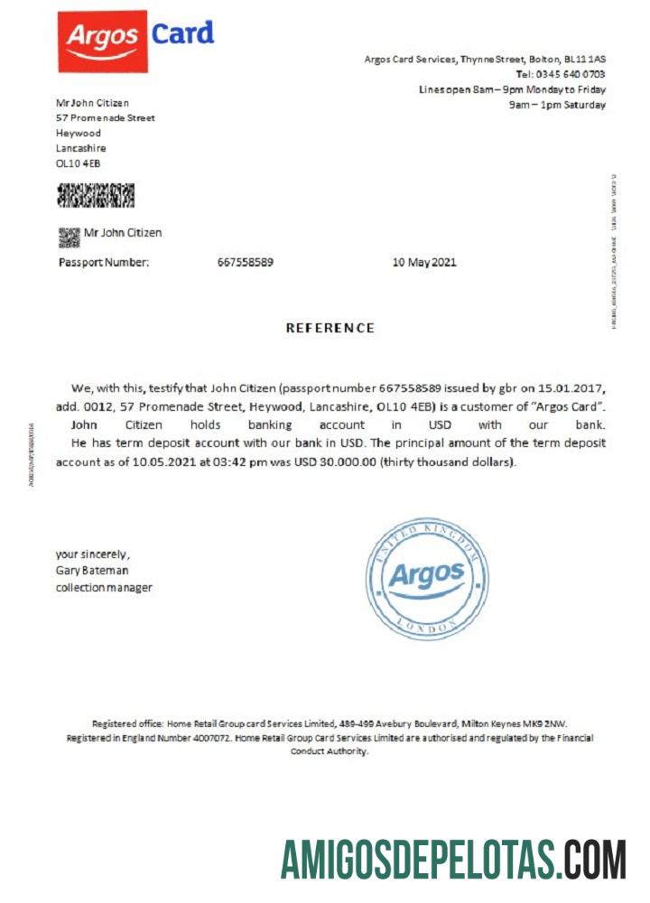 Referência do cartão Argos do Reino Unido modelo